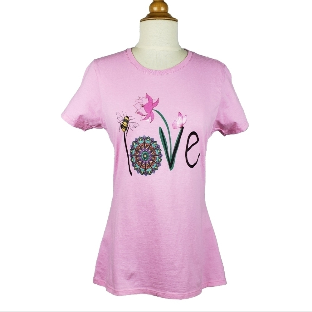 LOVE Graphic T Shirt Mandalla Bee Butterfly Boho Flowers M